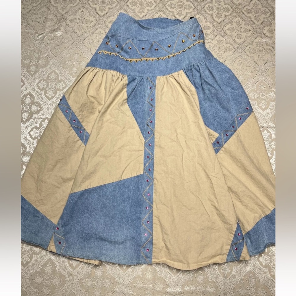 Vintage 80s Suzelle Denim Cotton Tan Pleated Drop Waist Maxi Skirt